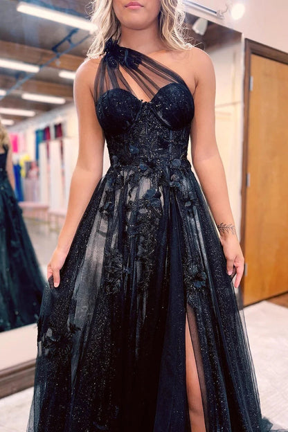 Vestido de fiesta largo negro de corte A con un solo hombro y apliques 3D