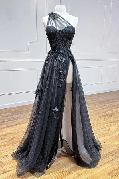Vestido de fiesta largo negro de corte A con un solo hombro y apliques 3D