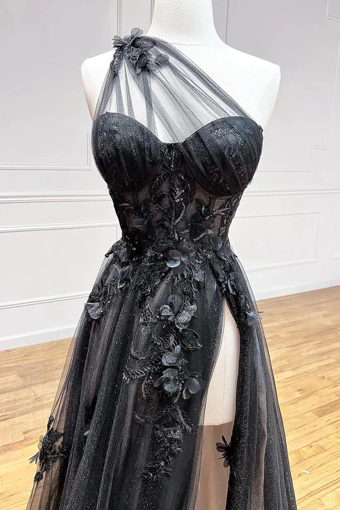 Vestido de fiesta largo negro de corte A con un solo hombro y apliques 3D