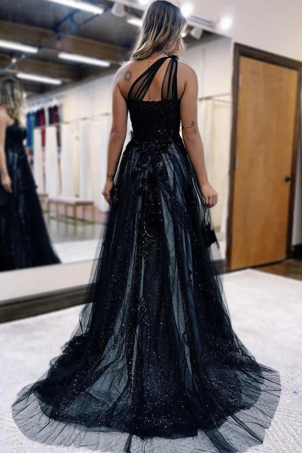 Vestido de fiesta largo negro de corte A con un solo hombro y apliques 3D