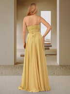 Apricot One Shoulder A Line Bridesmaid Dress With Ruched Side Slit Ruffles