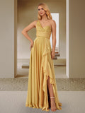 Apricot One Shoulder A Line Bridesmaid Dress With Ruched Side Slit Ruffles
