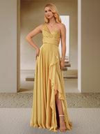 Apricot One Shoulder A Line Bridesmaid Dress With Ruched Side Slit Ruffles