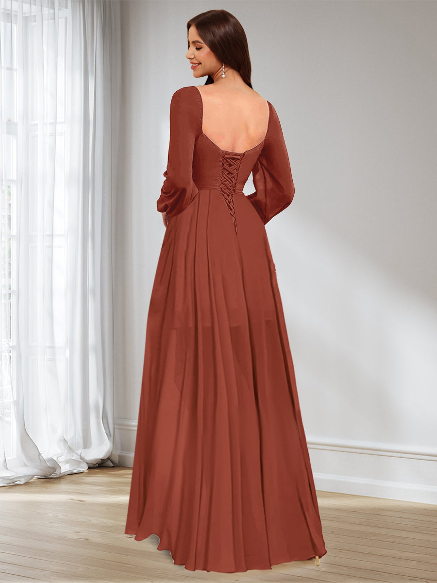 Rust Bridesmaid Dress A Line Princess Long Sleeves Ruched Asymmetrical Hemline