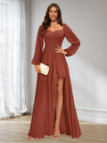 Rust Bridesmaid Dress A Line Princess Long Sleeves Ruched Asymmetrical Hemline