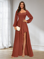 Rust Bridesmaid Dress A Line Princess Long Sleeves Ruched Asymmetrical Hemline