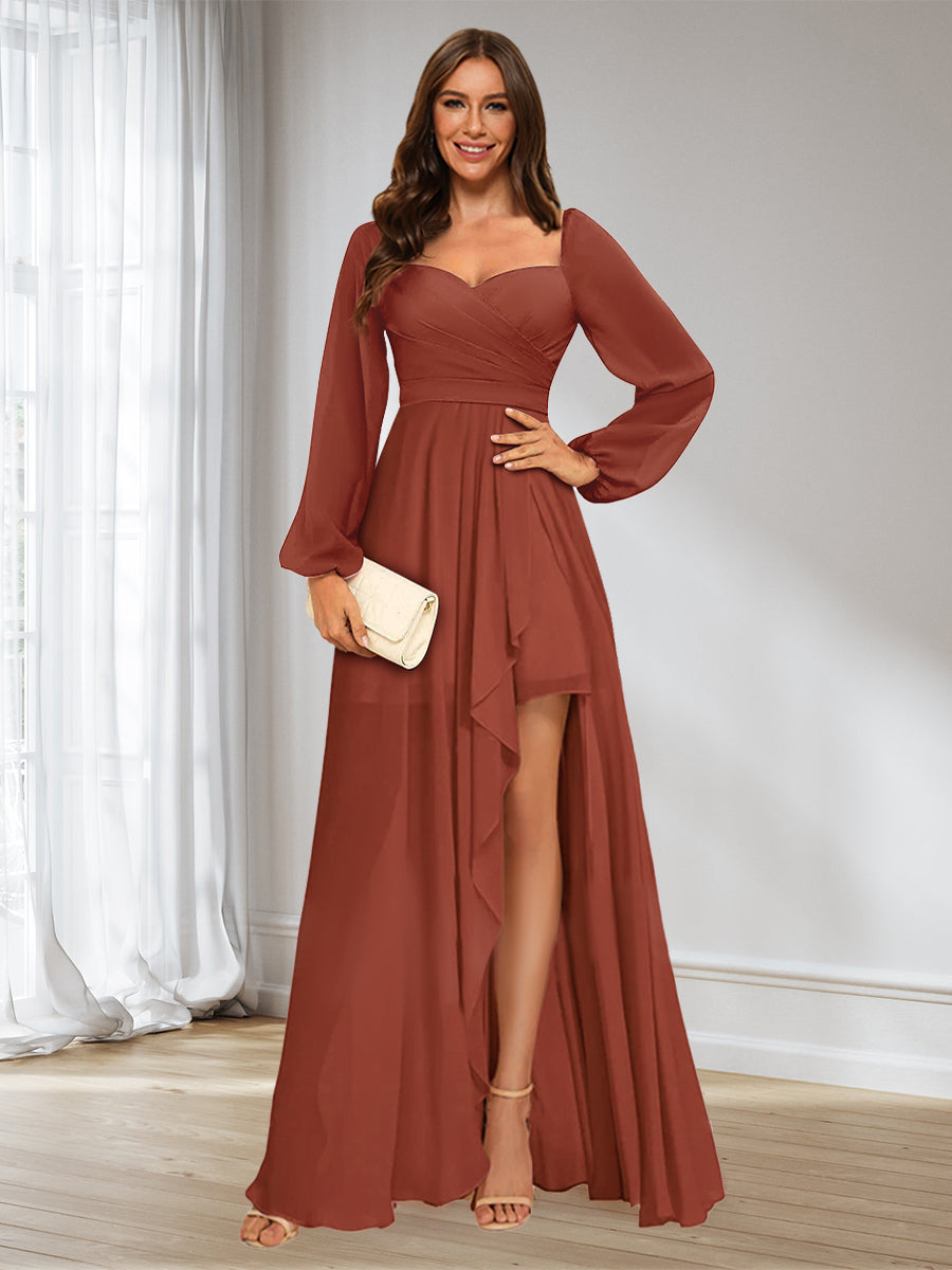 Rust Bridesmaid Dress A Line Princess Long Sleeves Ruched Asymmetrical Hemline