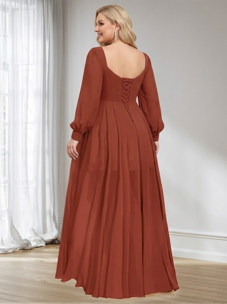 Plus Size Bridesmaid Dress A Line Princess Ruched Long Sleeve Rust