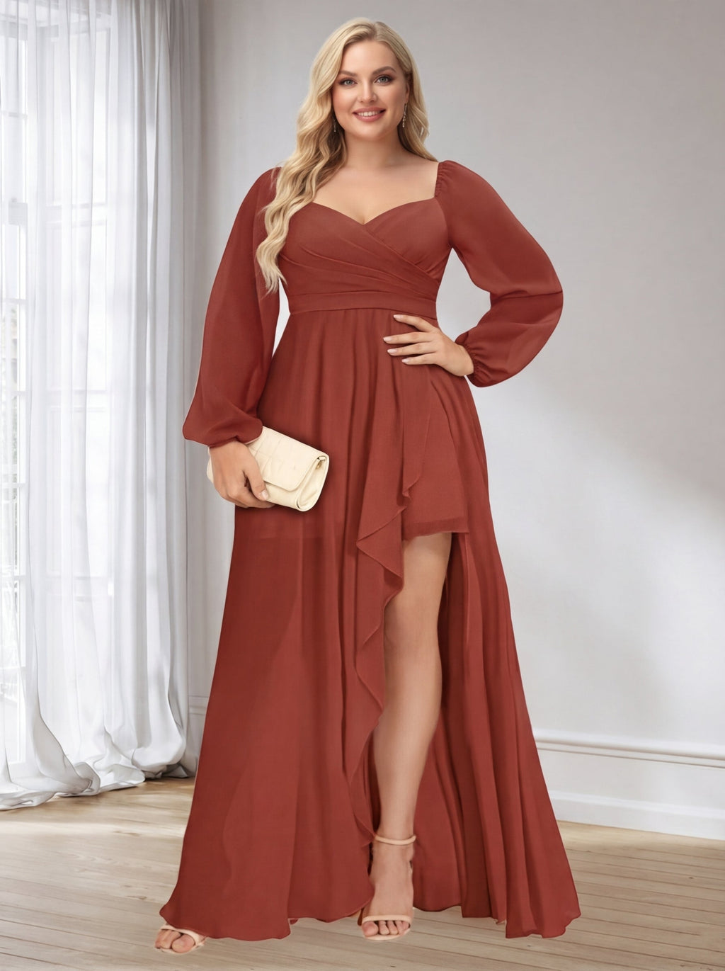 Plus Size Bridesmaid Dress A Line Princess Ruched Long Sleeve Rust
