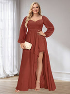 Plus Size Bridesmaid Dress A Line Princess Ruched Long Sleeve Rust