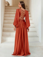 Chiffon A Line Princess Bridesmaid Dress V Neck Long Sleeves Floor Length Split