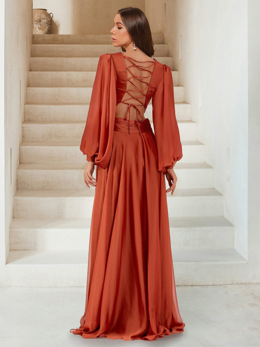 Chiffon A Line Princess Bridesmaid Dress V Neck Long Sleeves Floor Length Split