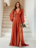 Chiffon A Line Princess Bridesmaid Dress V Neck Long Sleeves Floor Length Split