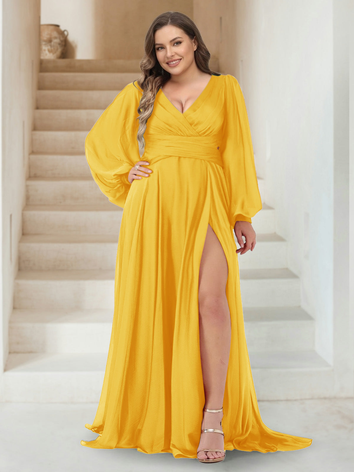 A Line V Neck Long Sleeves Floor Length Plus Size Bridesmaid Dress With Split