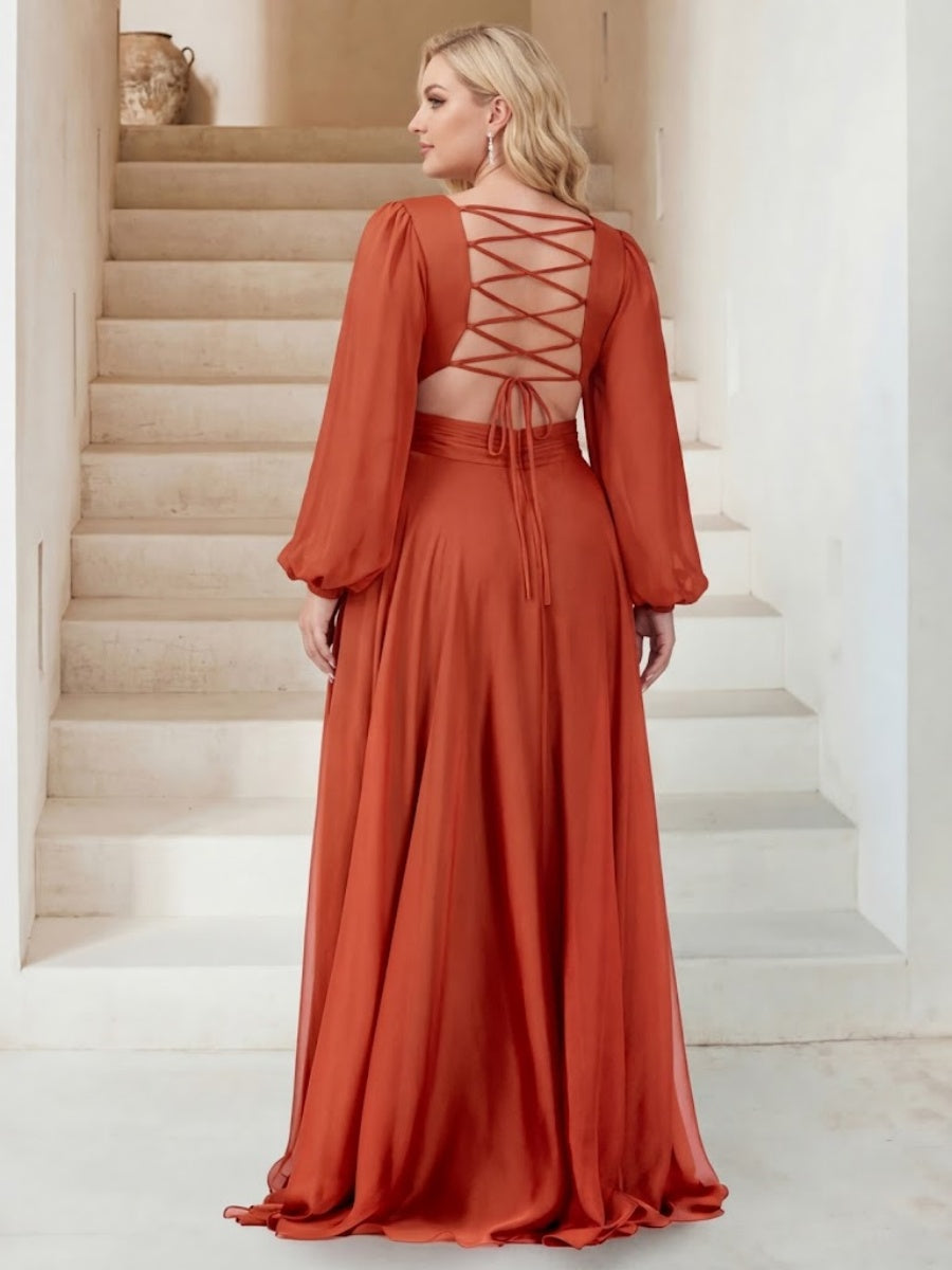 A Line V Neck Long Sleeves Floor Length Plus Size Bridesmaid Dress With Split