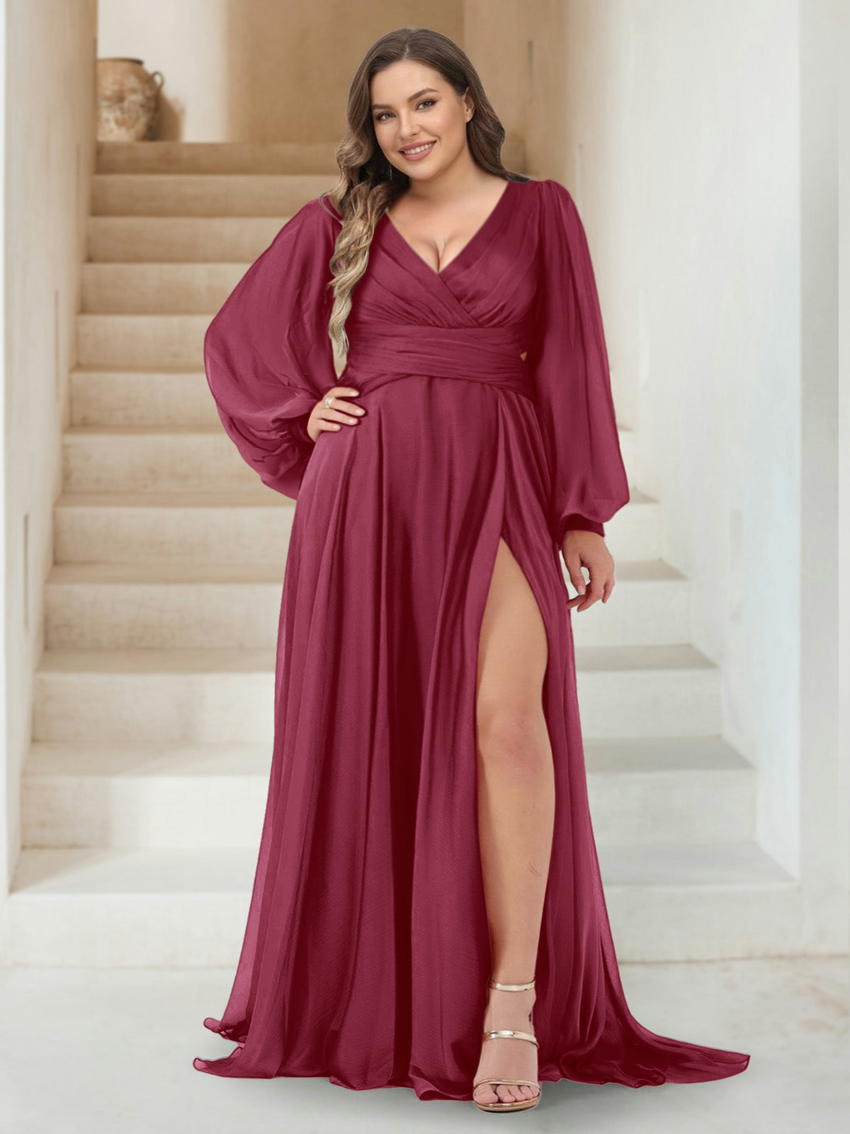A Line V Neck Long Sleeves Floor Length Plus Size Bridesmaid Dress With Split