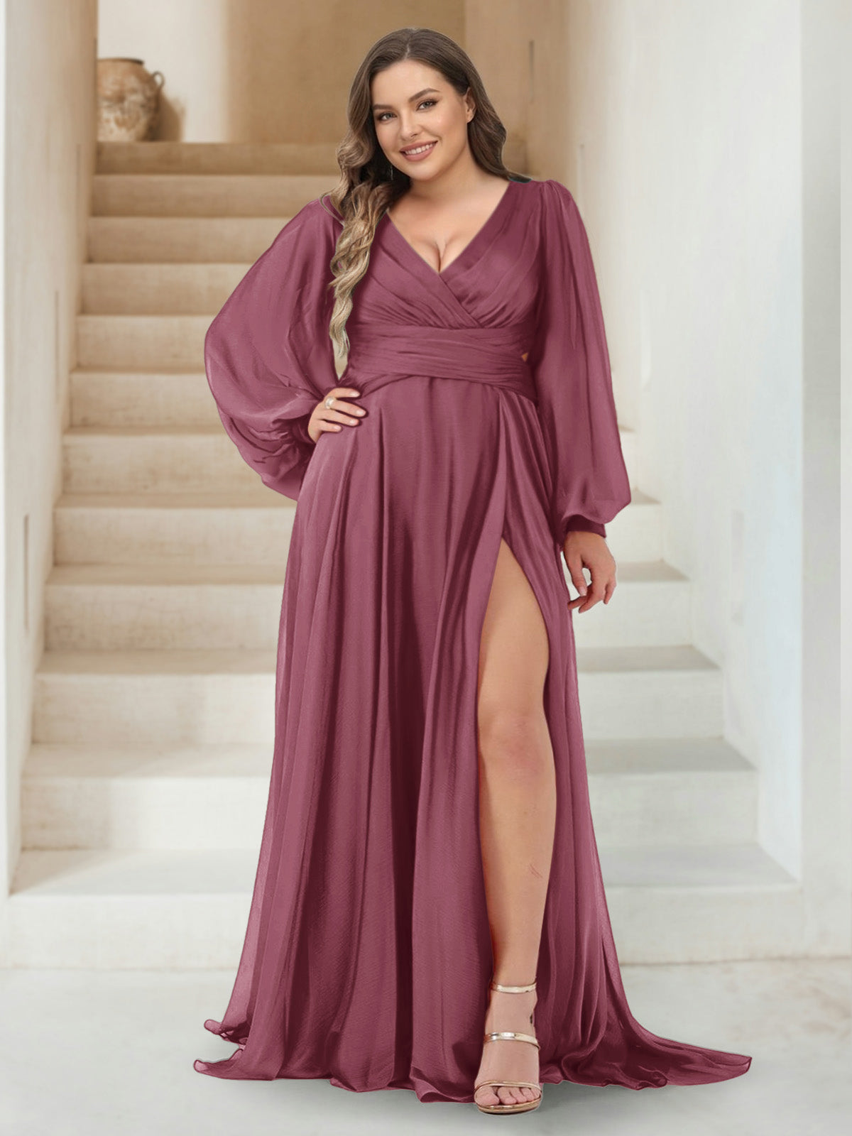 A Line V Neck Long Sleeves Floor Length Plus Size Bridesmaid Dress With Split