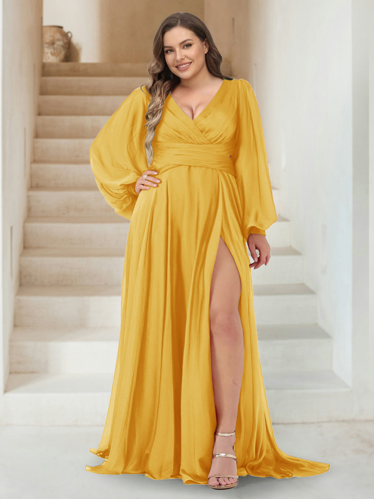 A Line V Neck Long Sleeves Floor Length Plus Size Bridesmaid Dress With Split