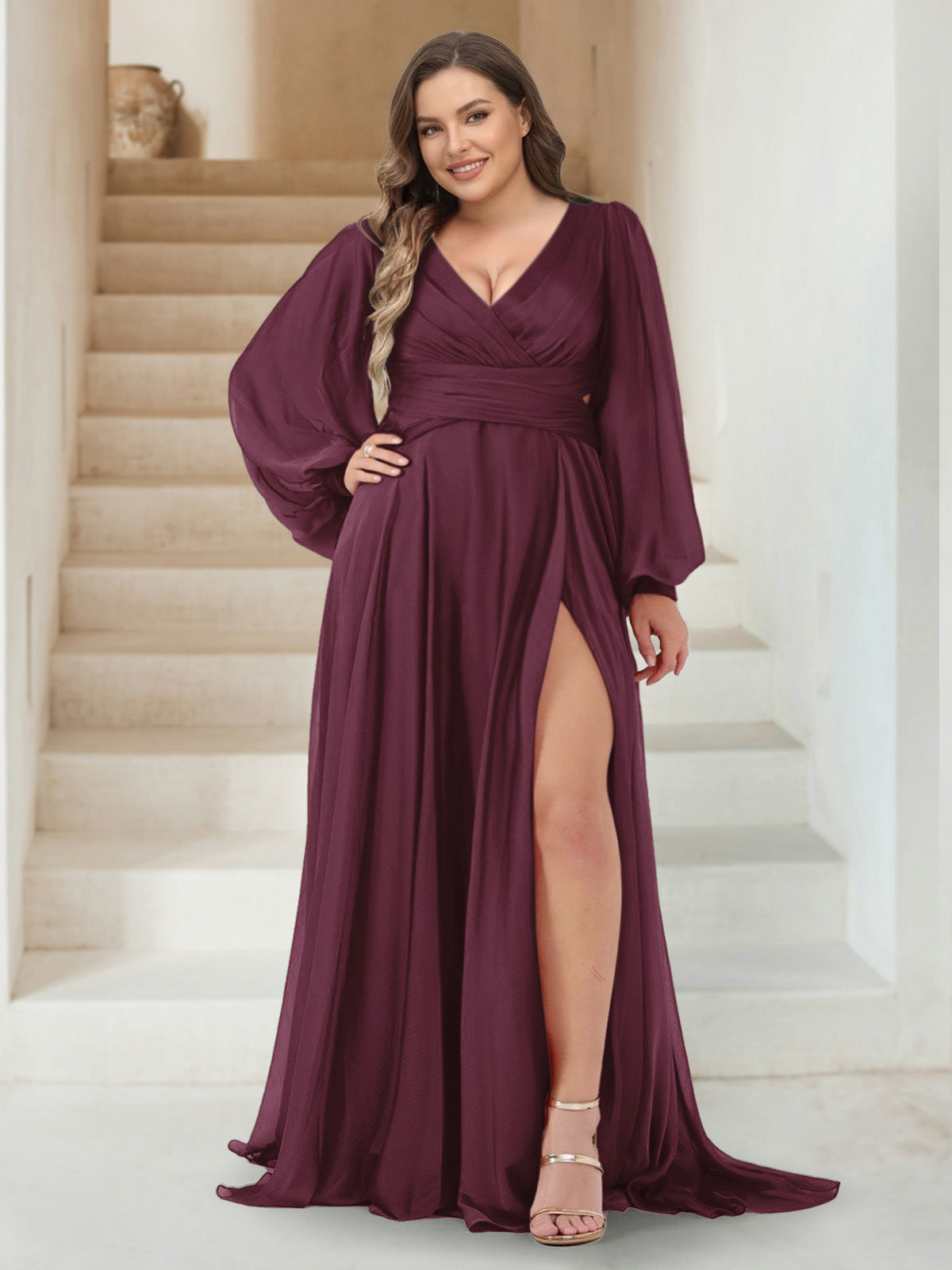 A Line V Neck Long Sleeves Floor Length Plus Size Bridesmaid Dress With Split
