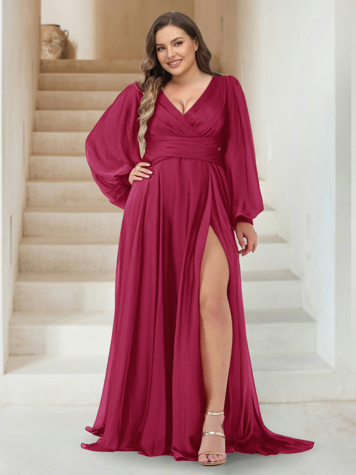 A Line V Neck Long Sleeves Floor Length Plus Size Bridesmaid Dress With Split