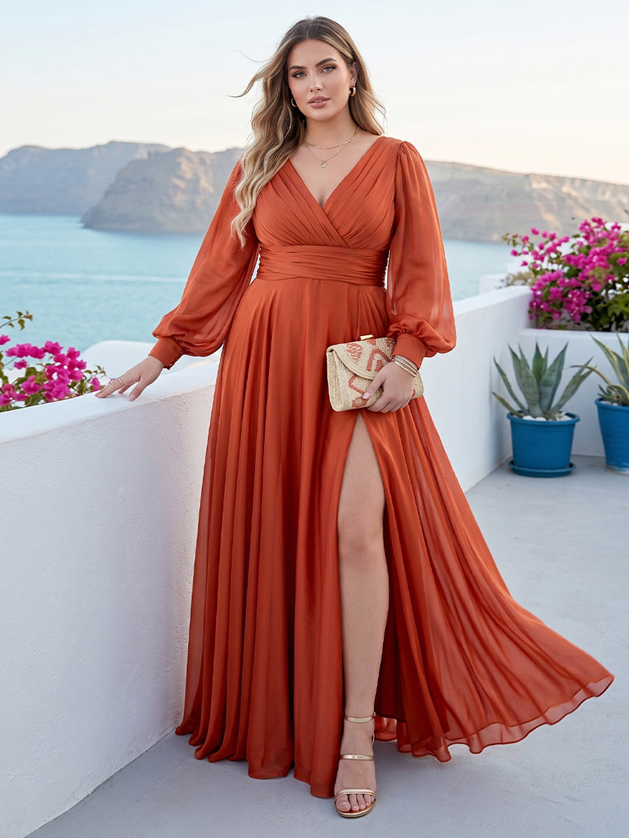 A Line V Neck Long Sleeves Floor Length Plus Size Bridesmaid Dress With Split
