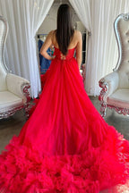 Robe de bal formelle rouge à corset en forme de cœur avec volants et jupe évasée