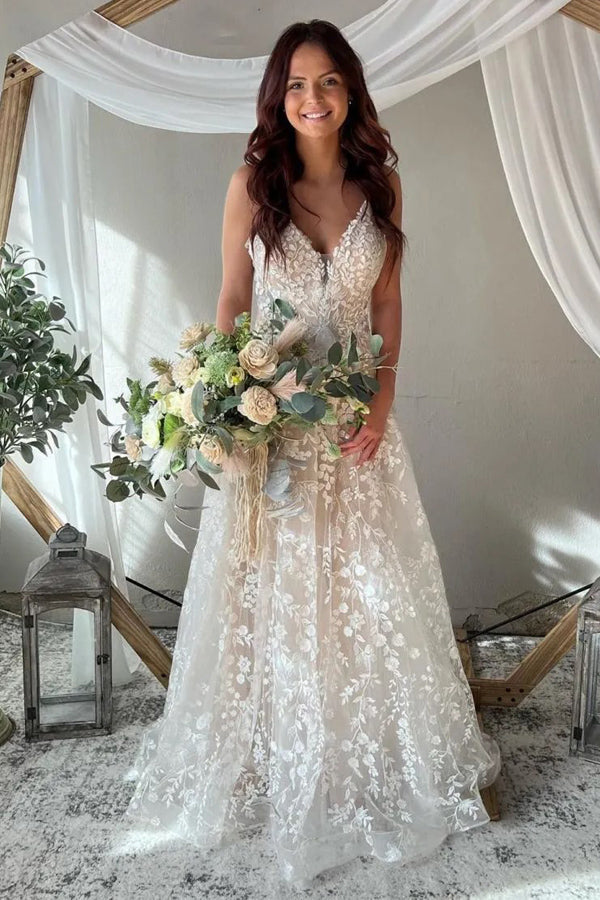 Abito da sposa elegante a linea ad A con spalline sottili e schiena con apertura a goccia