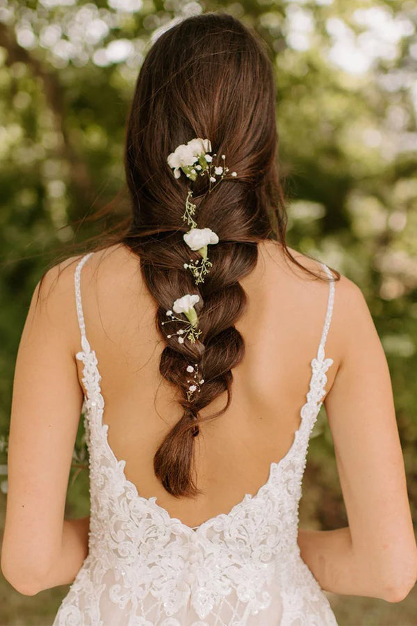 Abito da sposa rustico in tulle con spalline sottili a linea ad A e applicazioni