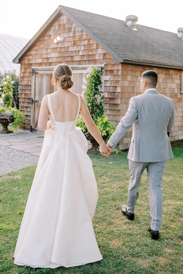 A-Line Square Neck Simple Wedding Dress Modest Wedding Gown