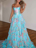 Turquoise Floral Print A Line Strapless Prom Dress With Tiered Ruffles