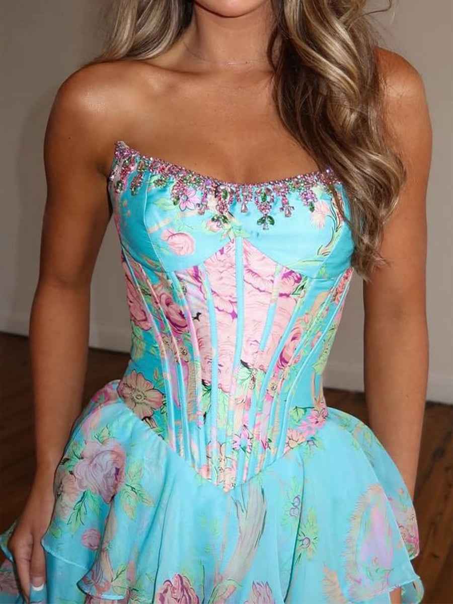Turquoise Floral Print A Line Strapless Prom Dress With Tiered Ruffles