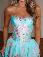 Turquoise Floral Print A Line Strapless Prom Dress With Tiered Ruffles