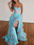 Turquoise Floral Print A Line Strapless Prom Dress With Tiered Ruffles