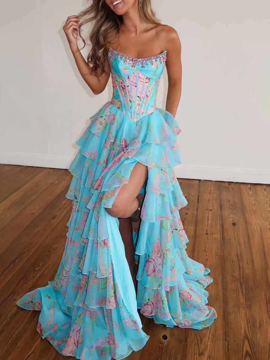 Turquoise Floral Print A Line Strapless Prom Dress With Tiered Ruffles
