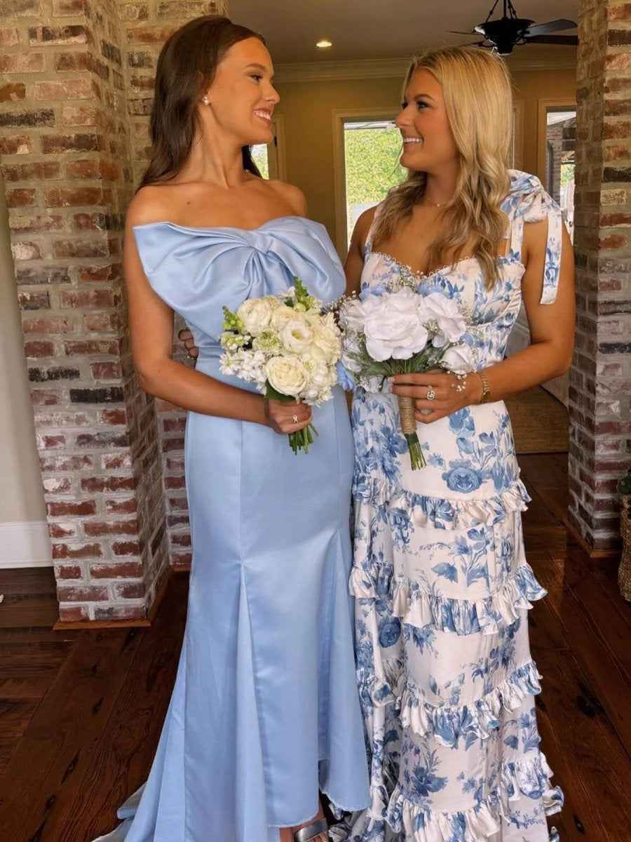 Blue Floral Print A Line Prom Gown With Tiered Skirt And Sweetheart Neckline
