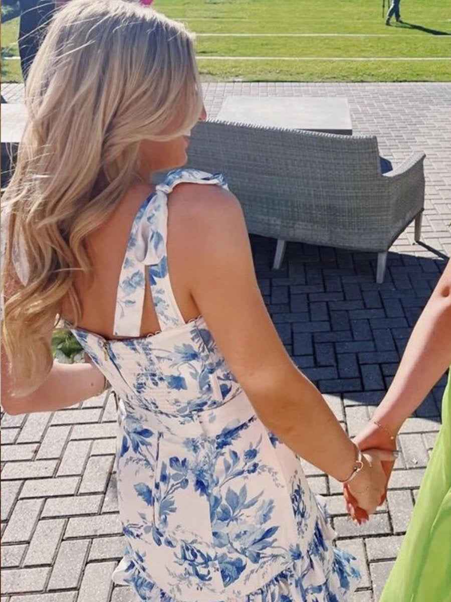 Blue And White Floral Print A Line Tiered Prom Dress With Tie Straps