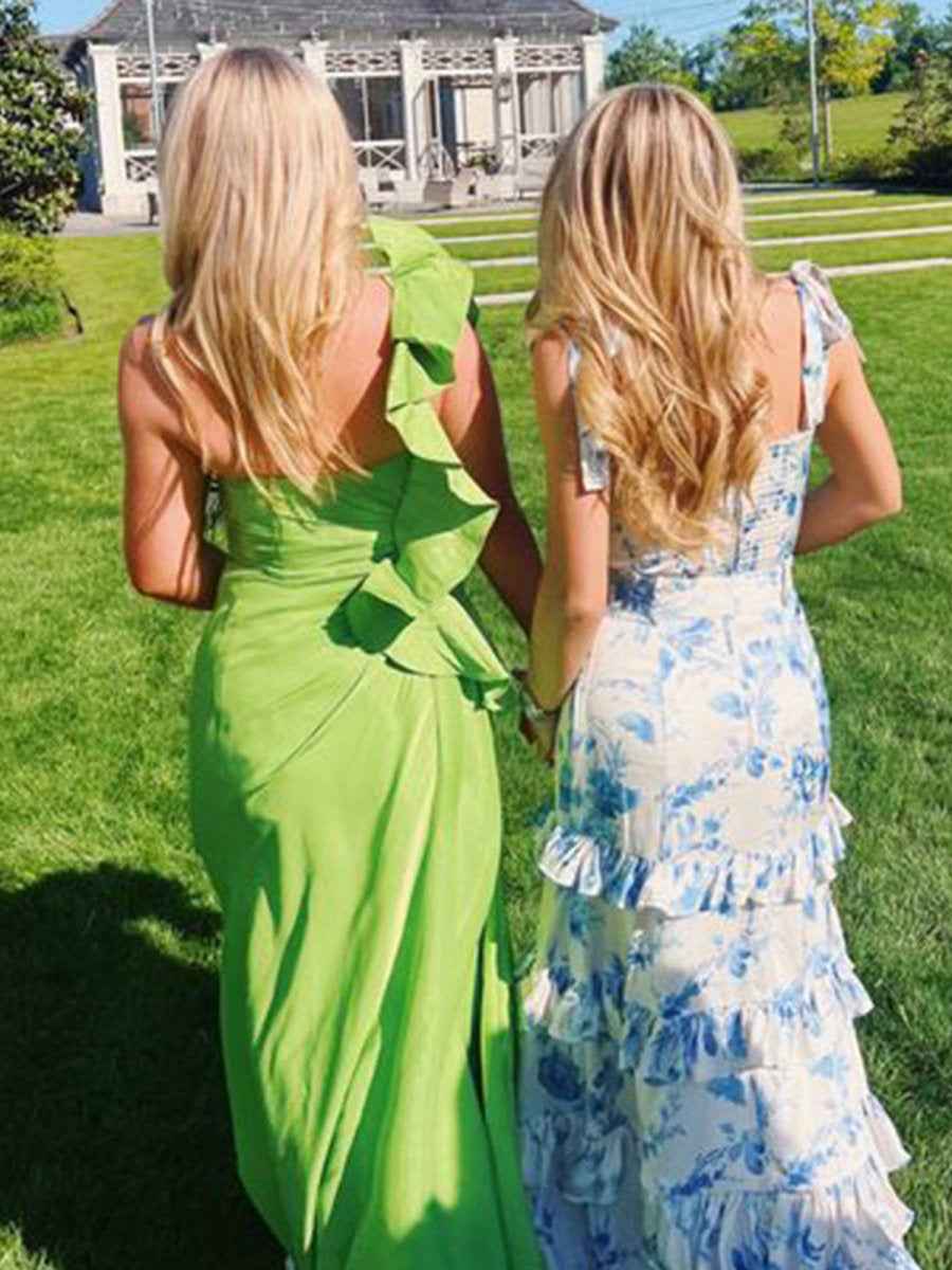 Blue And White Floral Print A Line Tiered Prom Dress With Tie Straps