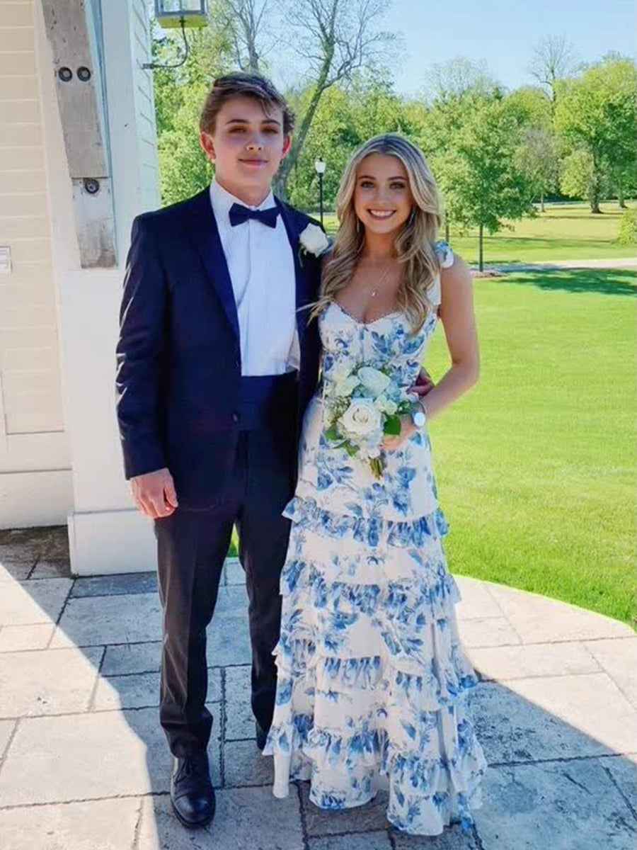 Blue And White Floral Print A Line Tiered Prom Dress With Tie Straps