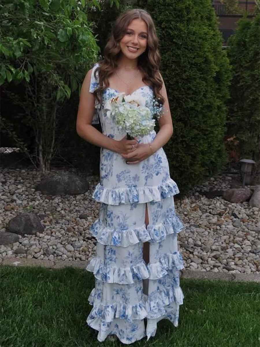 Blue And White Floral Print A Line Tiered Prom Dress With Tie Straps