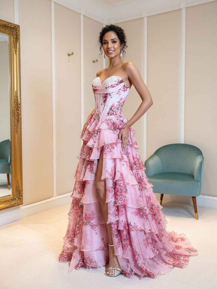 Pink Tiered Tulle Prom Ball Gown With Floral Print