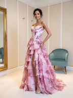Pink Tiered Tulle Prom Ball Gown With Floral Print