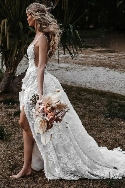 A-Linie Träger Spitze Strand Brautkleid Boho Brautkleid mit Schlitz