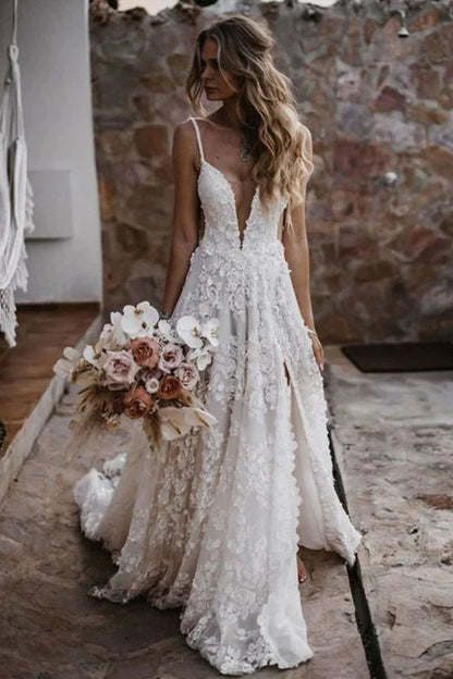 A-Linie Träger Spitze Strand Brautkleid Boho Brautkleid mit Schlitz