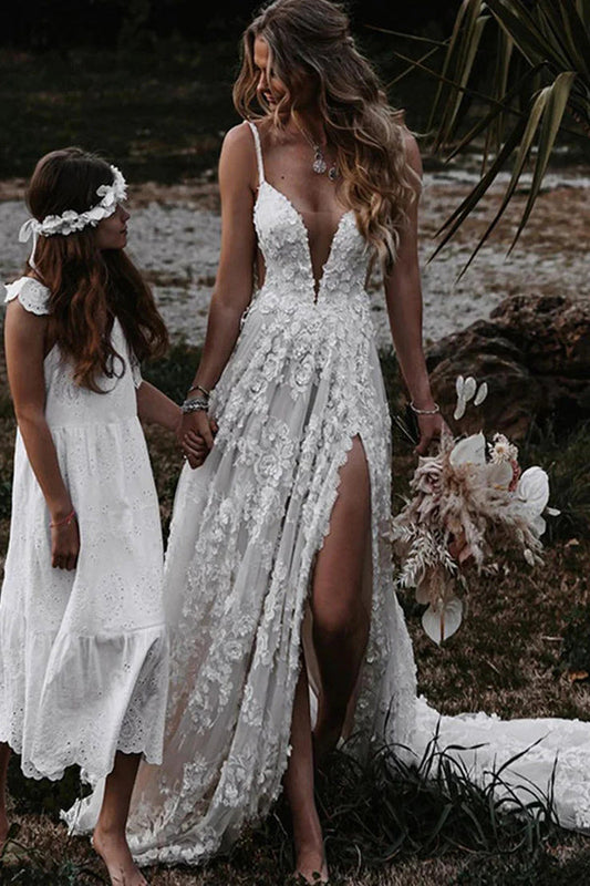 A-Linie Träger Spitze Strand Brautkleid Boho Brautkleid mit Schlitz
