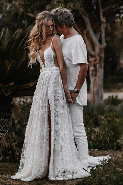 A-Linie Träger Spitze Strand Brautkleid Boho Brautkleid mit Schlitz