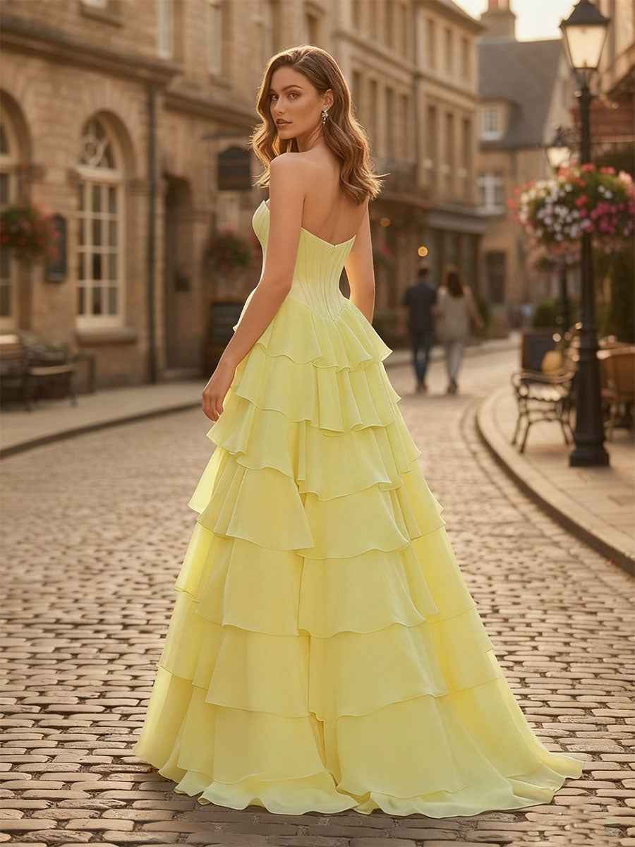 A-Line Pale Yellow Sweetheart Prom Dress With Cascading Ruffles
