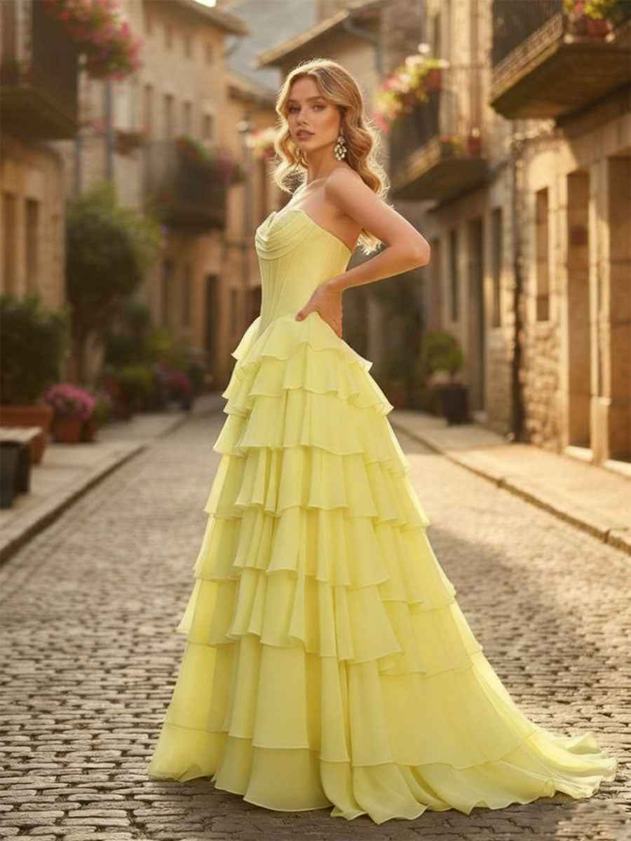 A-Line Pale Yellow Sweetheart Prom Dress With Cascading Ruffles