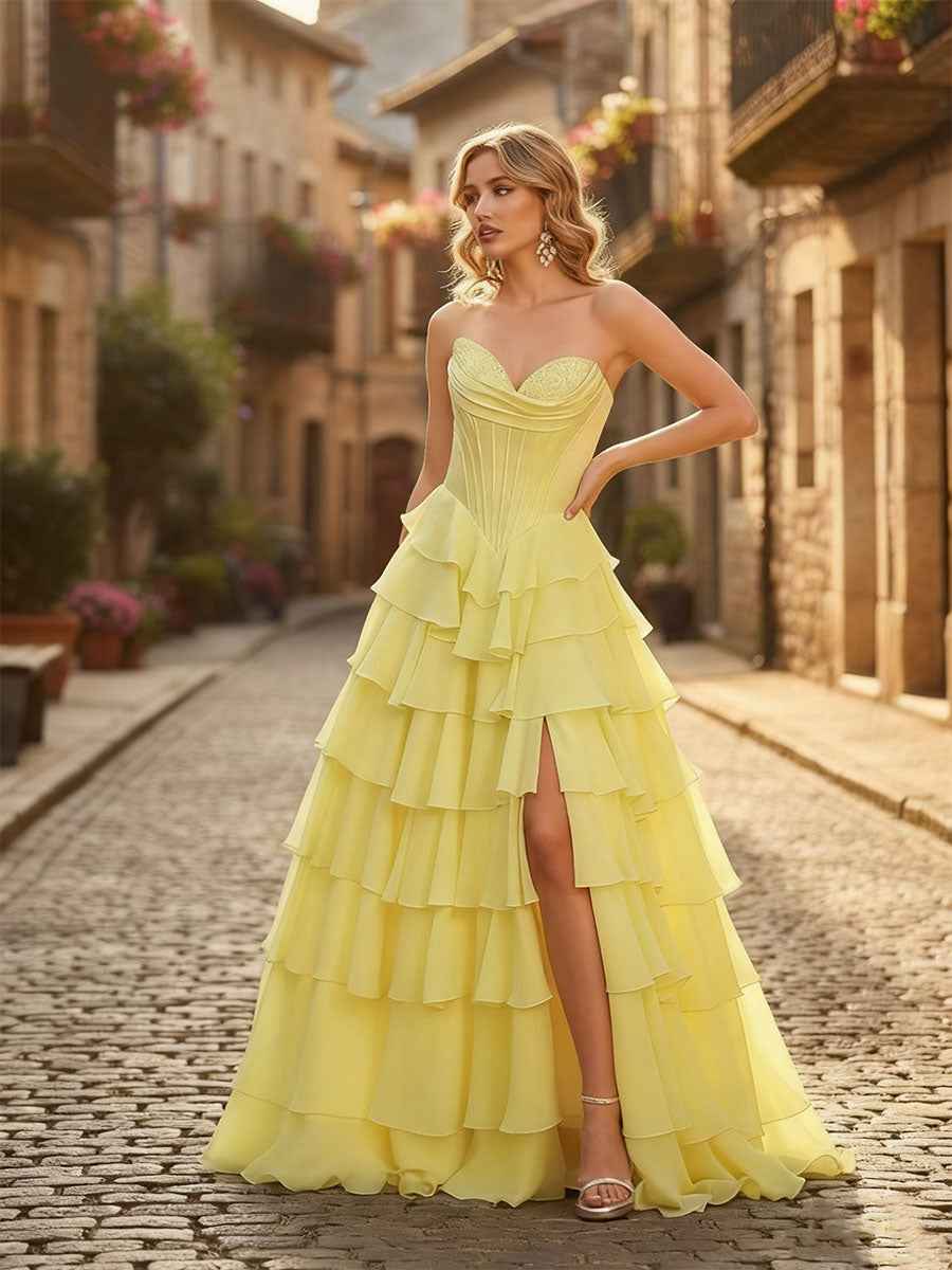 A-Line Pale Yellow Sweetheart Prom Dress With Cascading Ruffles