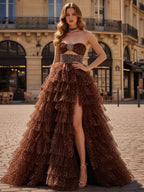 A-Line Leopard Strapless Cutout Crystal Waist Prom Dress