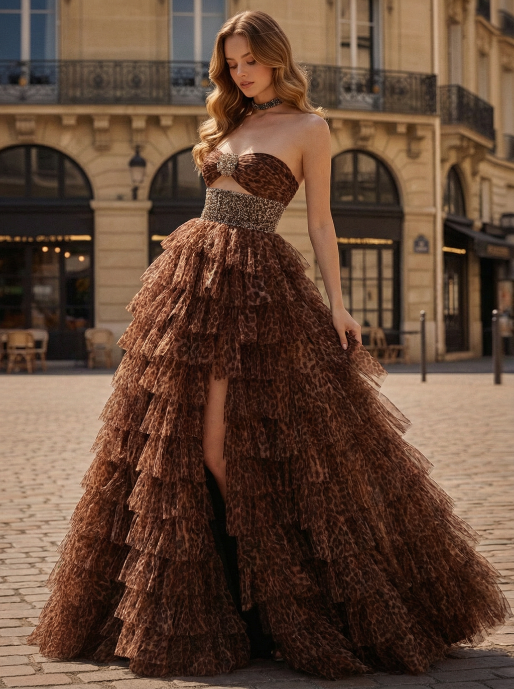 A-Line Leopard Strapless Cutout Crystal Waist Prom Dress